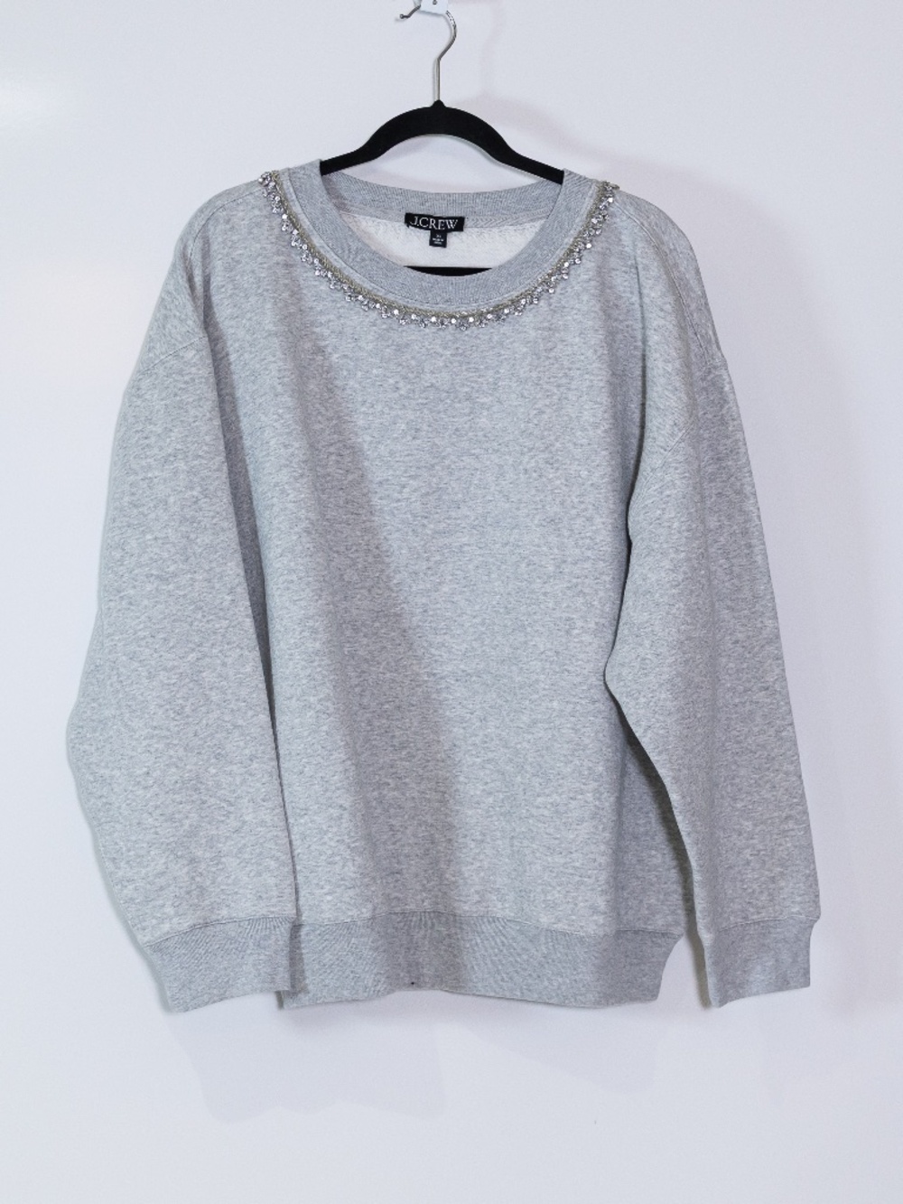 NEW J. Crew Heritage Fleece Crystal Jewel Rhinestone Crew Neck Sweater Gray XL